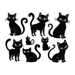 Set of Black Cat Silhouettes – Cute & Funny Cat Poses Vector Illustration