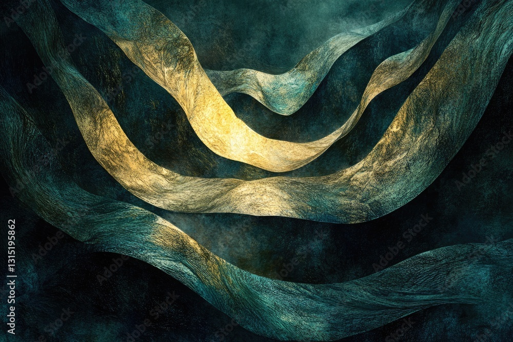 Poster abstract artwork featuring flowing, textured teal and gold waves, creating a luxurious and dynamic v