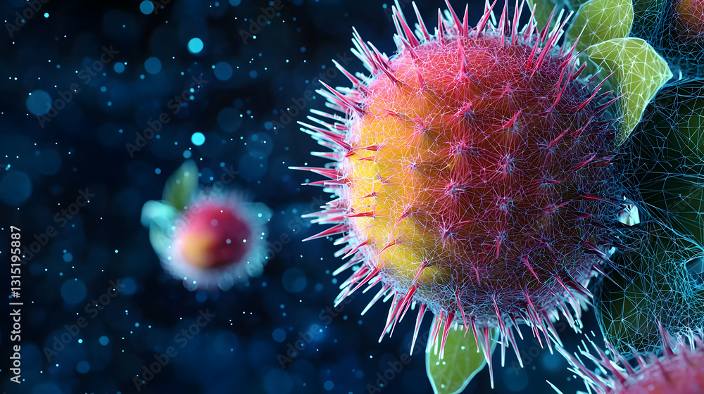 Poster 3d rendered microscopic view of a virus with spikes on a dark blue background with particles