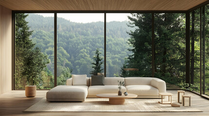 Obraz premium Mountain view living room, modern sectional sofa, minimalist design, forest backdrop, ideal for home decor websites