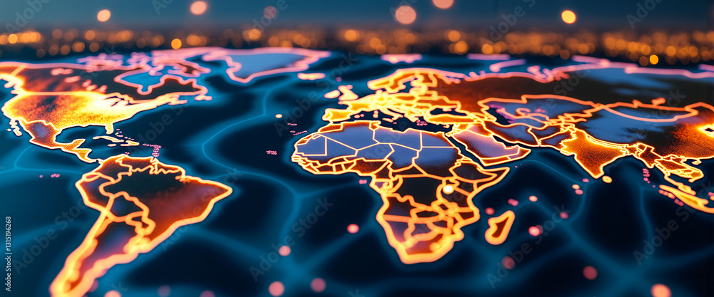 Poster a map of the world with a glowing border. the map is lit up with a warm orange glow