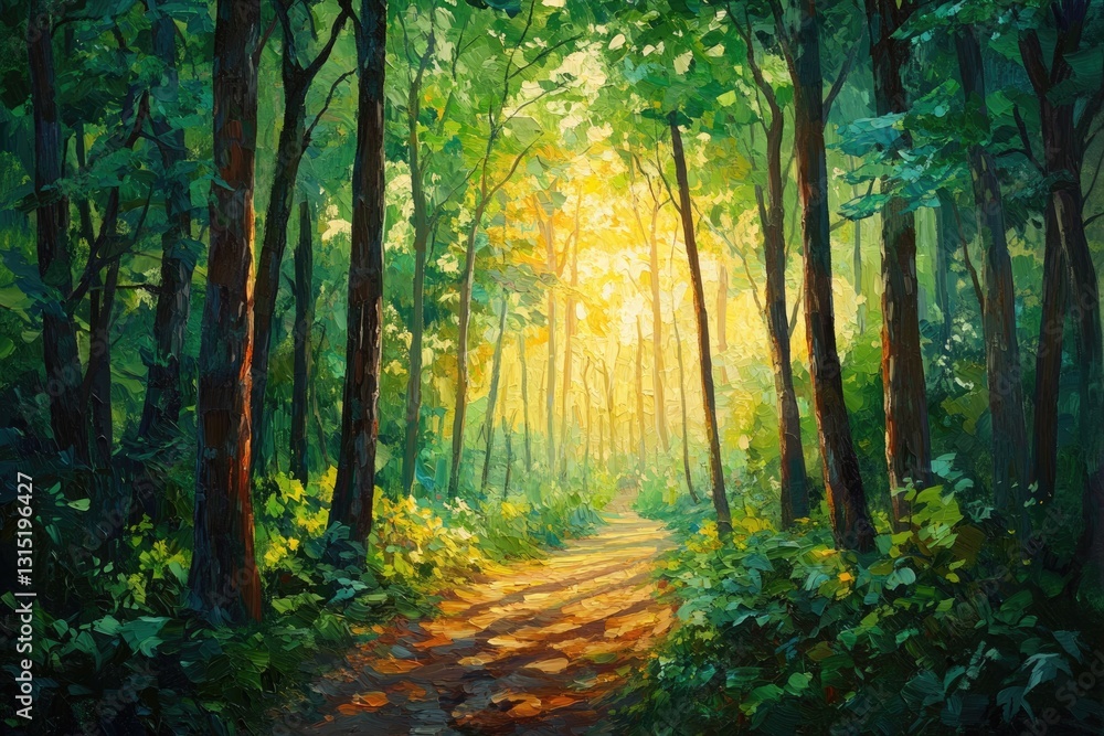 Poster sunlit path through a lush green forest, trees casting shadows on the trail.