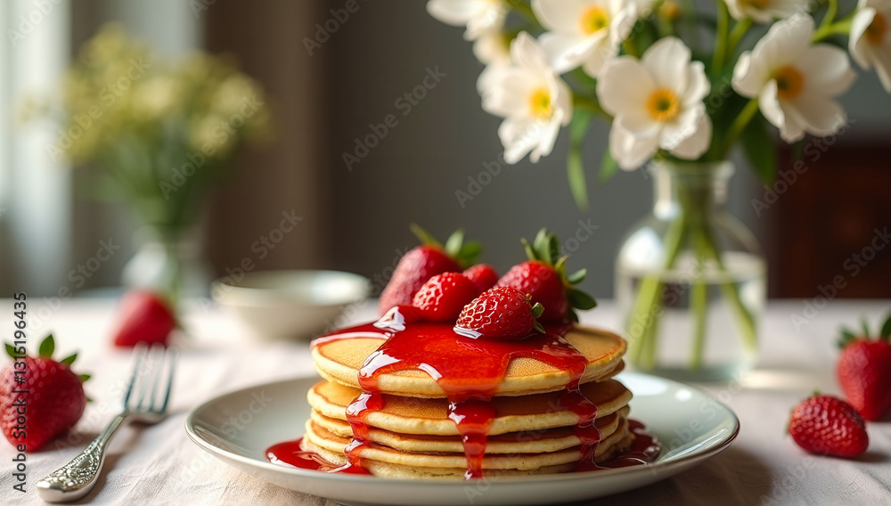 Poster a stack of pancakes drizzled with syrup and topped with strawberries. the plate is set on a table wi