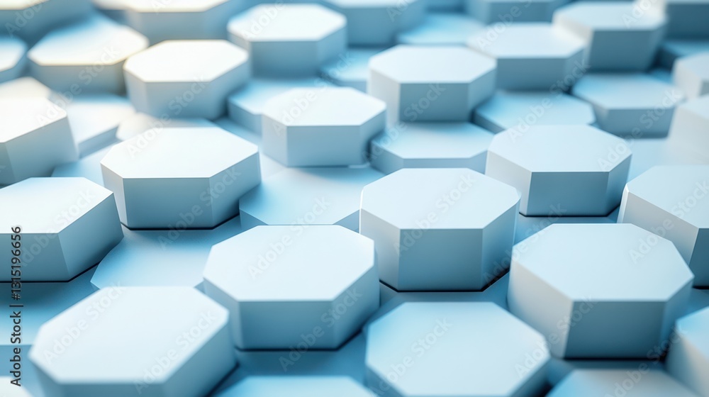 Poster abstract 3d rendering of light blue octagons, hexagonal pattern background.