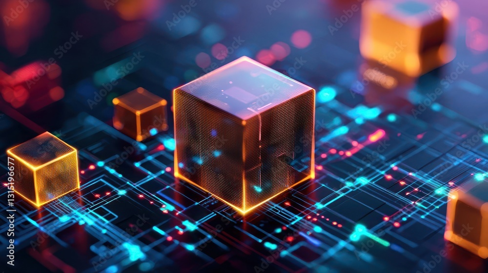 Aufkleber illuminated cubic structures with digital circuitry on a blue and black background