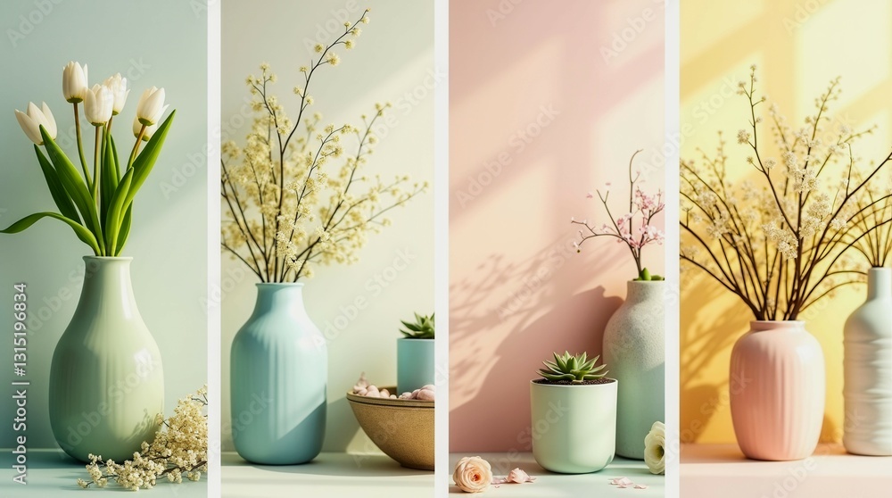 Poster a row of vases with different colors and flowers in them. the vases are arranged in a way that creat