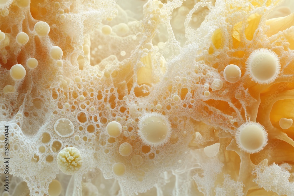 Leinwandbilder microscopic view of a complex, organic structure with bubbly, interconnected forms in warm, yellowis
