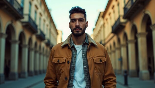 A man in a brown jacket stands in front of a building. He has a beard and a mustache