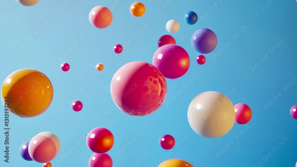 Poster Colorful shapes drifting across a bright blue backdrop with molecular patterns beneath, colourful shapes moving over molecules