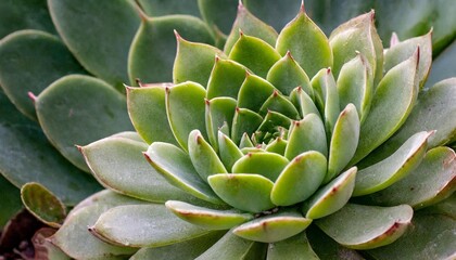 Fototapeta premium Echeveria succulent plant with green fleshy leaves, macro photography of desert flora in natural sunlight. Beautiful rosette succulent garden close up, organic texture for home decor.