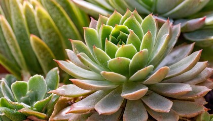 Fototapeta premium Succulent garden close up with green echeveria plants. Beautiful desert flora and botanical textures. Natural succulent arrangement for home decor and gardening blog background imagery.