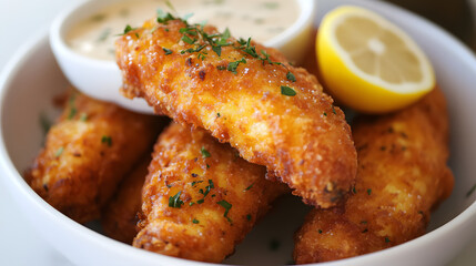 Fototapeta premium Golden fried corn on the cob served with a smoky herb sauce and a squeeze of lemon.