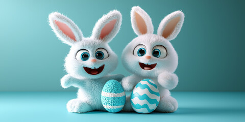 Fototapeta premium Two white Easter bunnies with decorated eggs on blue background