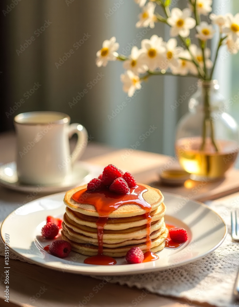 Poster a stack of pancakes with raspberry syrup and raspberries on top. the plate is on a table next to a c