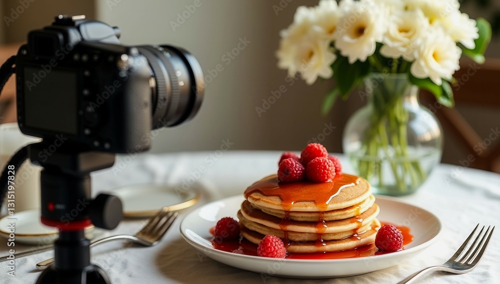 Poster a stack of pancakes with raspberry syrup and raspberries on top. the plate is on a table next to a c