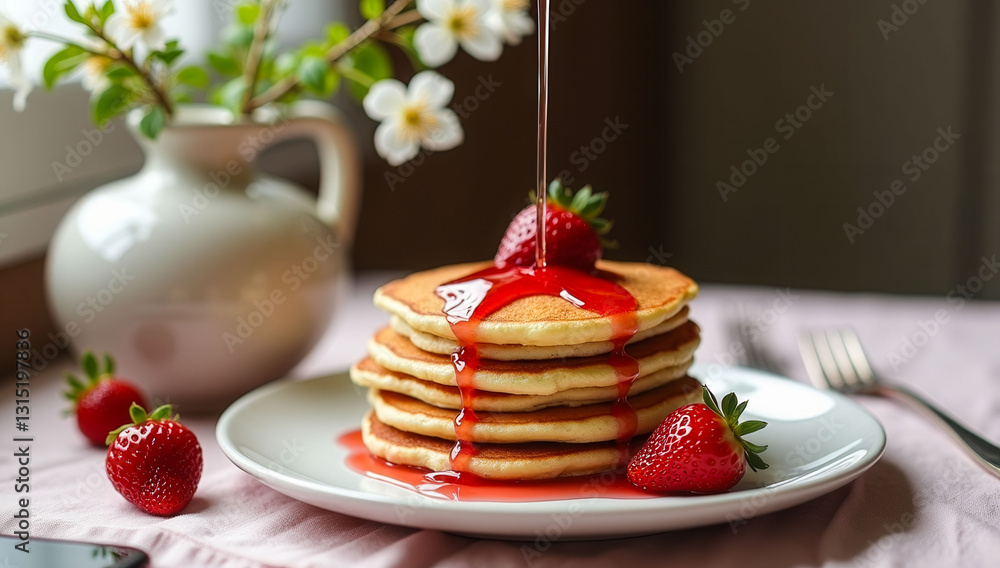 Poster a stack of pancakes with raspberry syrup and raspberries on top. the plate is on a table next to a c