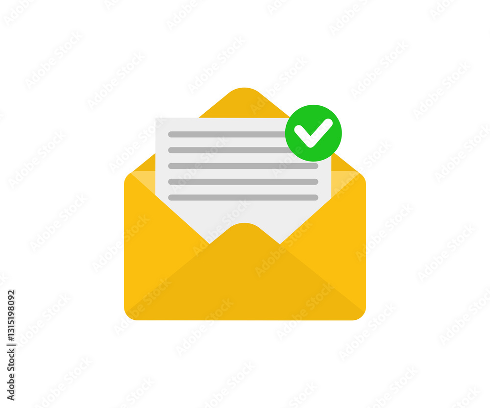 Poster envelope with confirmed document icon. opened letter, with checkmark and email. e-mail icon, sign of