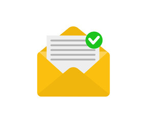 Envelope with confirmed document icon. Opened letter, with checkmark and email. E-mail icon, sign of an incoming unopened message illustration on transparent background. 
