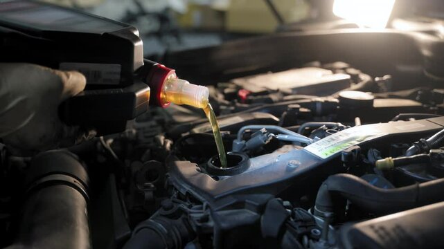 The close-up view of a mechanic changing the car motor oil in a repair shop. During the car inspection or maintenance work