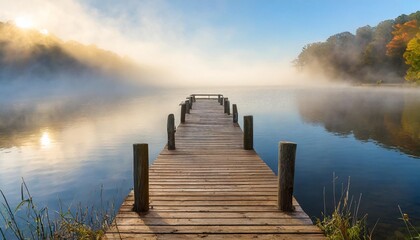 Fototapeta premium Serene wooden pier on calm lake at sunrise, misty morning landscape with golden sunlight and fog over water, peaceful nature scene with wooden dock and autumn trees for travel background