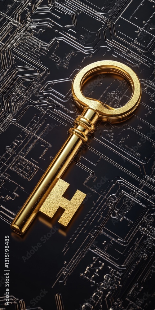 Poster gold key on circuit board background symbolizing access and security in digital technology