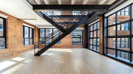 Obraz premium Modern loft apartment, industrial-style staircase, city view, sunlit hardwood floor, empty space