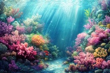 Obraz premium Vibrant underwater scene showcasing a colorful coral reef teeming with life, bathed in sunlight.