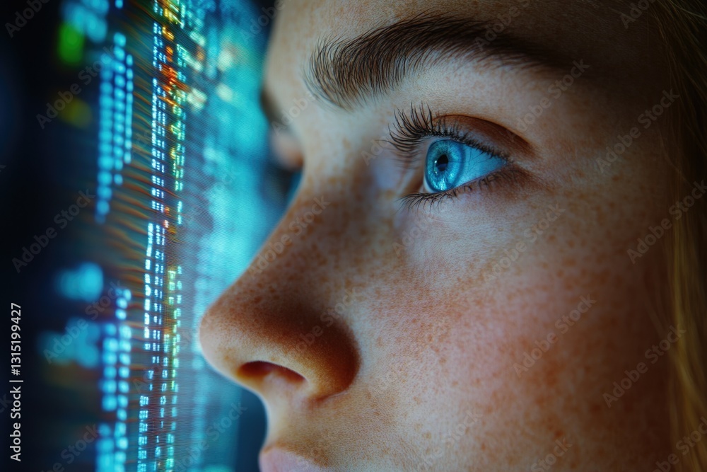 Fototapete a close-up view of a person's face, intensely focused on a screen displaying lines of code.