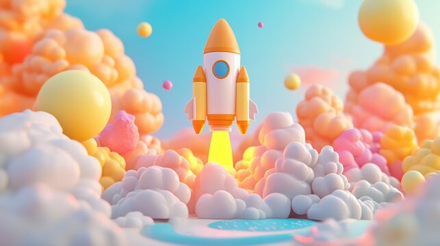 Cartoon rocket launching through colorful clouds.