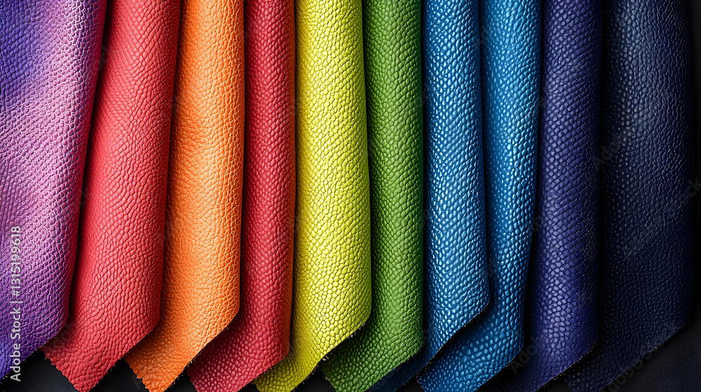 Poster vibrant display of colorful fabric swatches in rainbow hues arranged on dark background showcasing v