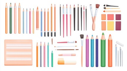 A set of art supplies including colored pencils, brushes, and sketchbooks on a white isolated background