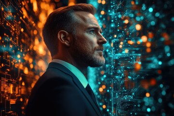 A man in a suit contemplates a digital world, symbolizing the intersection of human intelligence and technology.