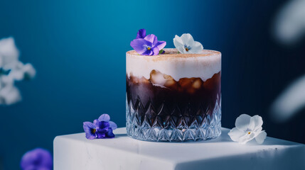 A dark soda with marble-like cream drizzles, served in a faceted glass resembling a cut diamond. 