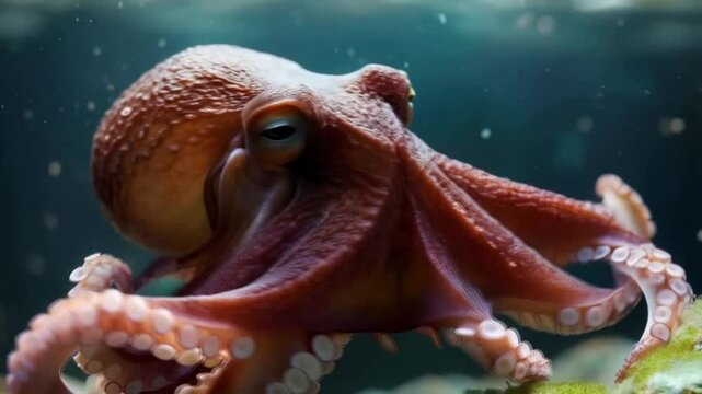 A large octopus with a long, curled up tentacle. The octopus is in a tank. smooth repeating motion for background video animation