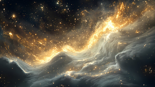 A breathtaking celestial scene captures the essence of star dust, a glowing wave of minute white and golden particles suspended in the vast expanse of space. Celestial - Dragon. Illustration