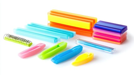 A set of highlighters and sticky notes on a student study desk on a white isolated background