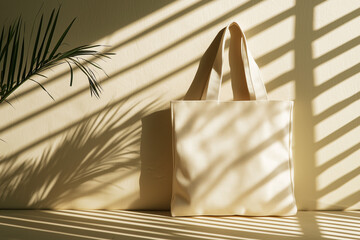 White cotton tote bag placed on a neutral-toned fabric with a shadow overlay from window blinds