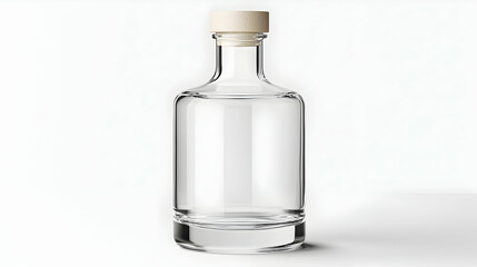 Empty glass bottle with wooden cap, studio shot, white background; packaging design