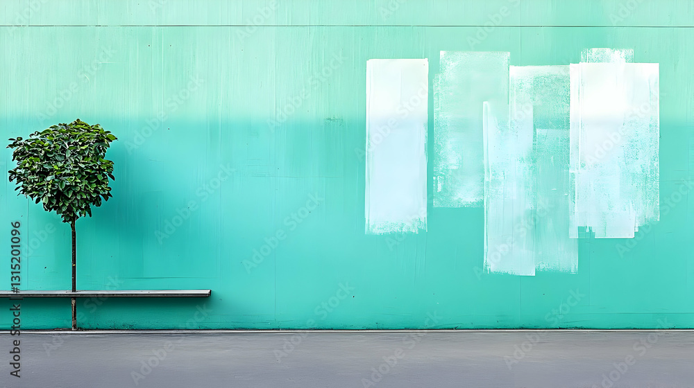 Poster green wall with white rectangular shapes and small tree in modern urban setting ideal for background