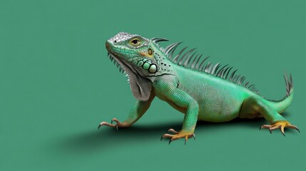 Fototapeta premium Green iguana lizard posing on teal background.