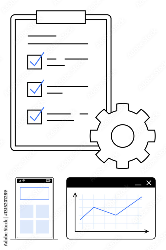 Poster task checklist with gear for process automation, smartphone interface, and graph representing progre