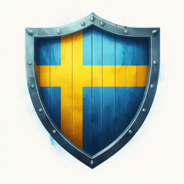 Swedish patriotism emblem, shield adorned with the flag, defense concept art