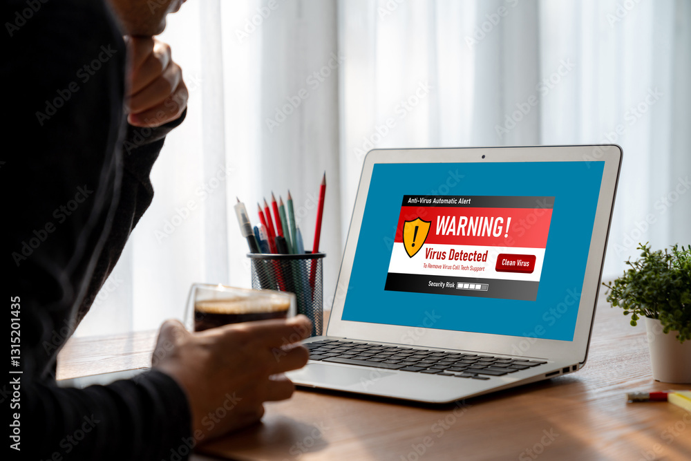Poster virus warning alert on computer screen detected modish cyber threat , hacker, computer virus and mal