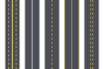 Vertical asphalt highways with dotted and solid lines. Streets of a modern city. Set of road markings. Vector illustration.