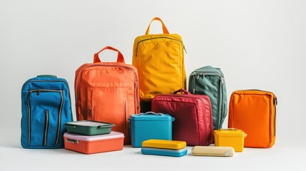 A collection of school bags and lunch boxes in different colors on a white isolated background