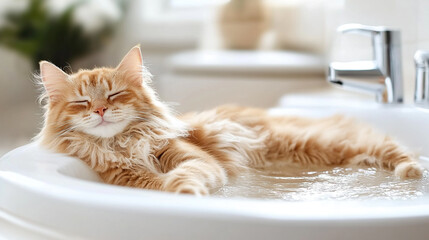 Ginger cat relaxing in a bathroom sink filled with water