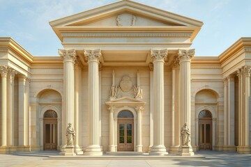 Obraz premium Neoclassical building with grand columns, statues, and a pediment, exuding elegance and grandeur.