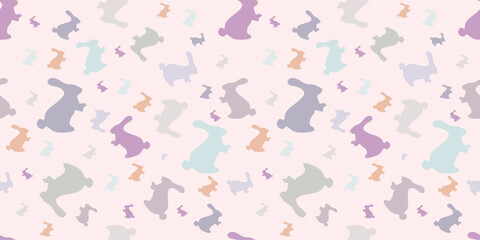 A seamless digital pattern featuring pastel-colored bunny silhouettes on a light background. Perfect for Easter, spring designs, and textiles. Vector illustration