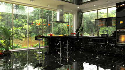 Modern kitchen design overlooking lush garden, showcasing sleek black countertops and appliances. Ideal for interior design websites