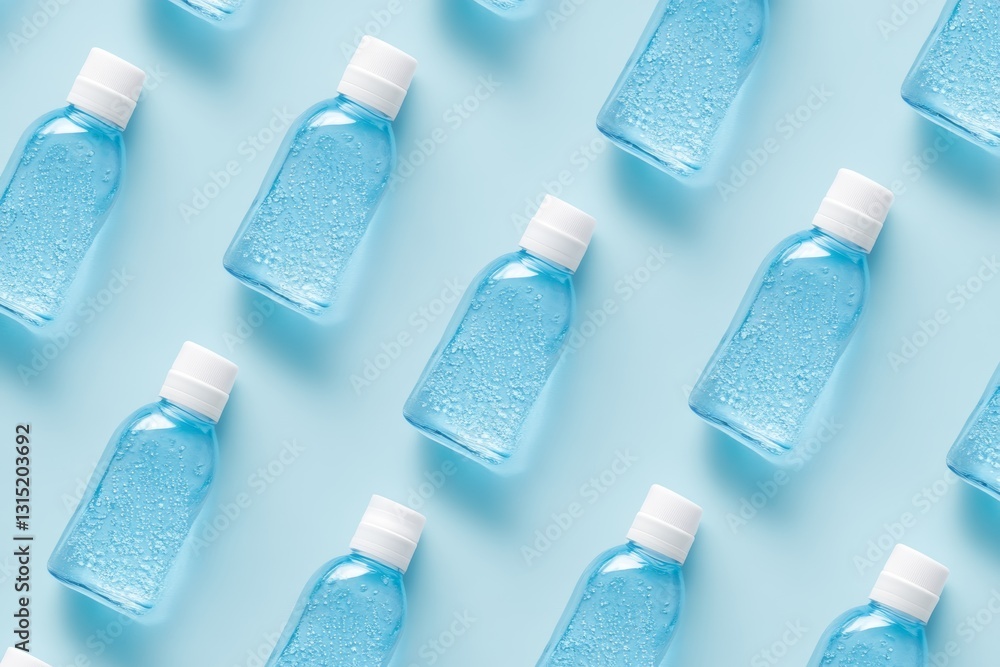 Poster a row of blue bottles with white lids. the bottles are lined up in a row on a blue background